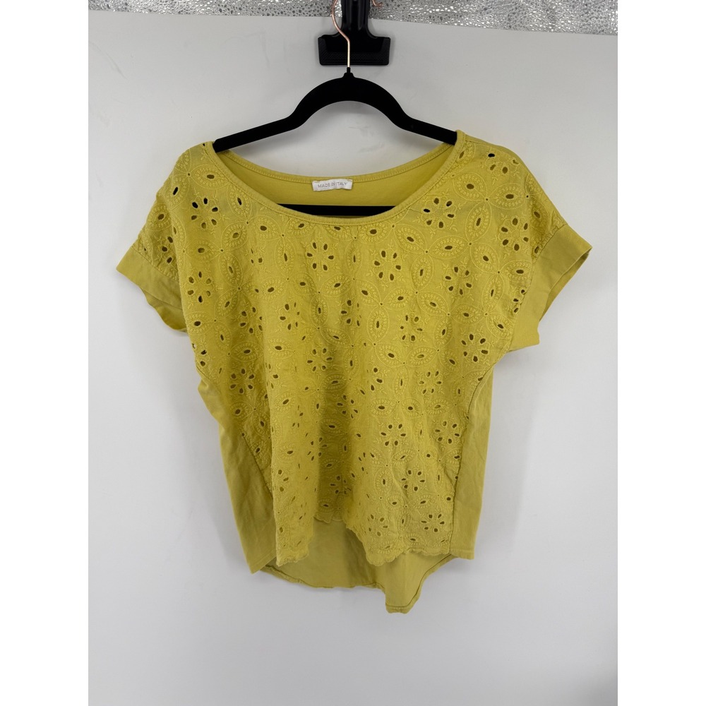 Made in Italy Mustard Yellow Eyelet Lace Front Short Sleeve Top Scallop Hem